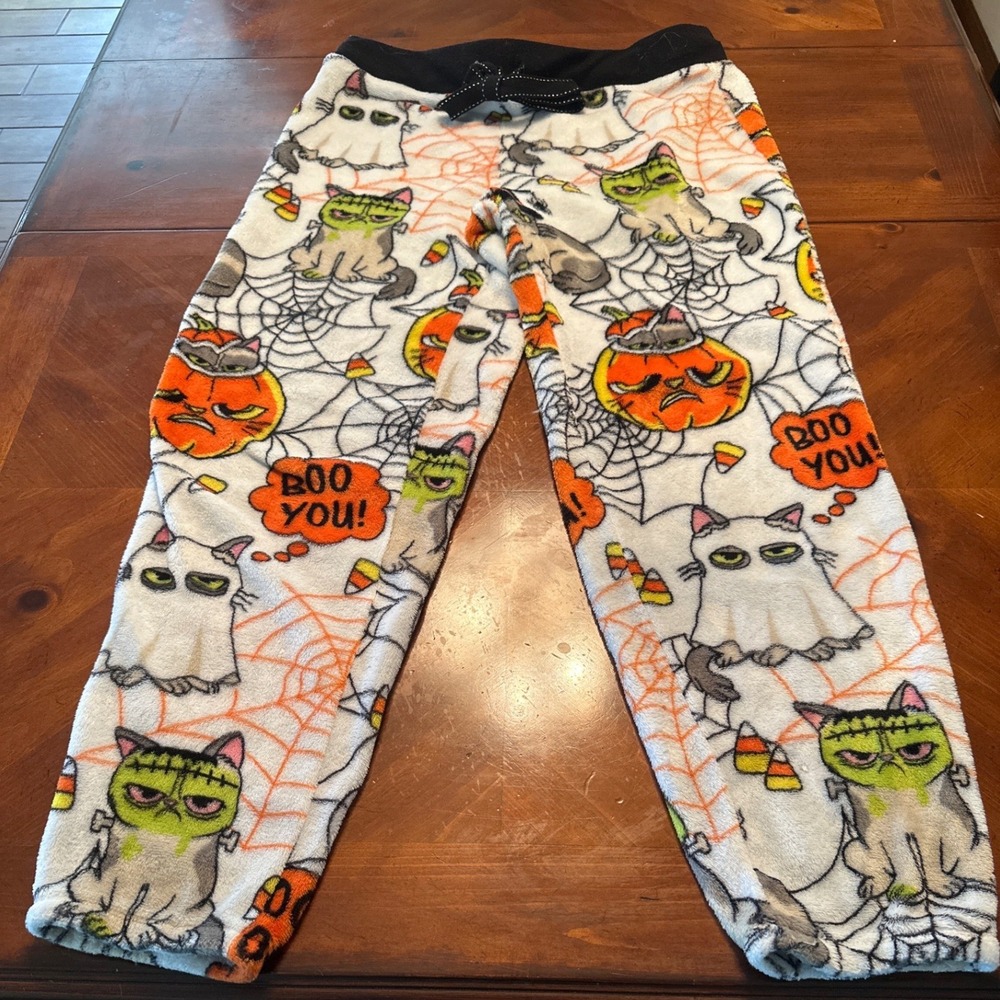 Grumpy Cat Pajama Pants Womens L White Excellent Halloween Fleece Sleepwear